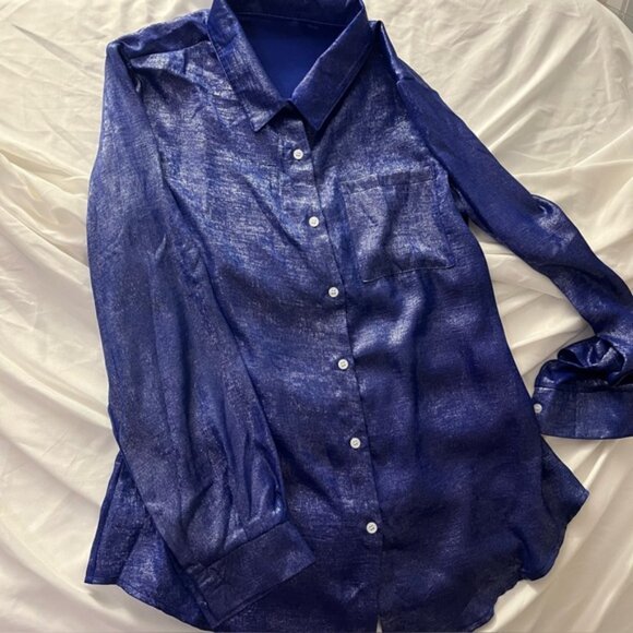 SHEIN Metallic Shimmer Button Down Blouse Blue L - Picture 2 of 7